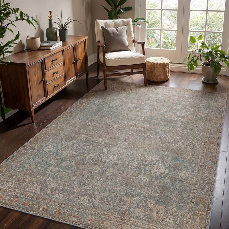 Mcow Vintage Floral Low-Pile Machine Washable Non-Slip Area Rug - 5'X7' - Grayish Blue - Rectangle