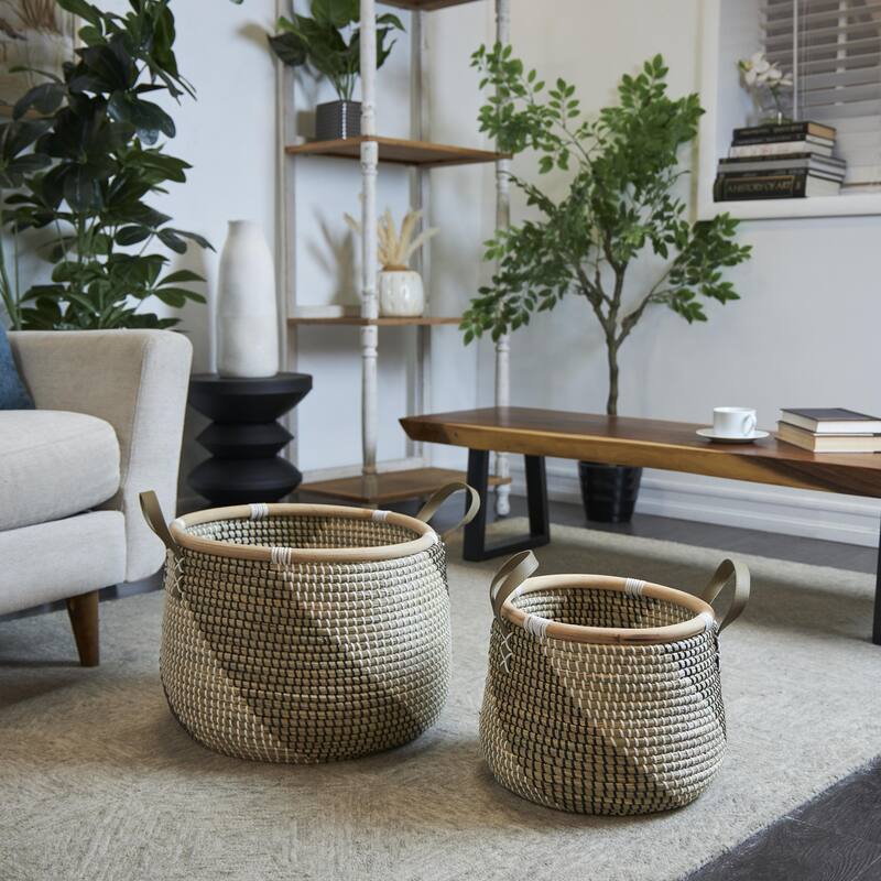 Seagrass Handmade Diagonal Striped Decorative and Functional Storage Basket - Set of 2 Brown - Roche River Decor