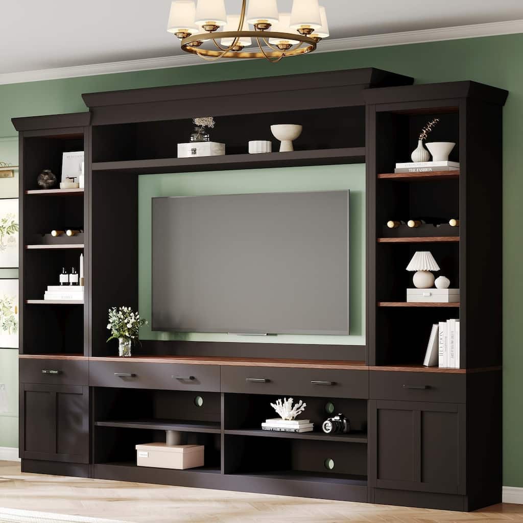 4-Piece, Farmhouse-style TV Stand, for TVs up to 70 Inches with 4 Drawers, Bookshelf and Wine Rack, for Living Rooms