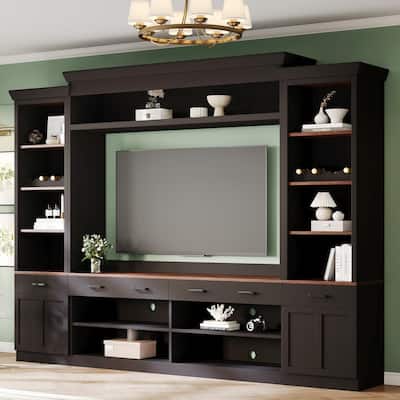 Roomfitters Mid-Century 4-Piece Entertainment Wall Unit with Bookshelves, TV Stand for TVs up to 70" withShelves and Wine Rack