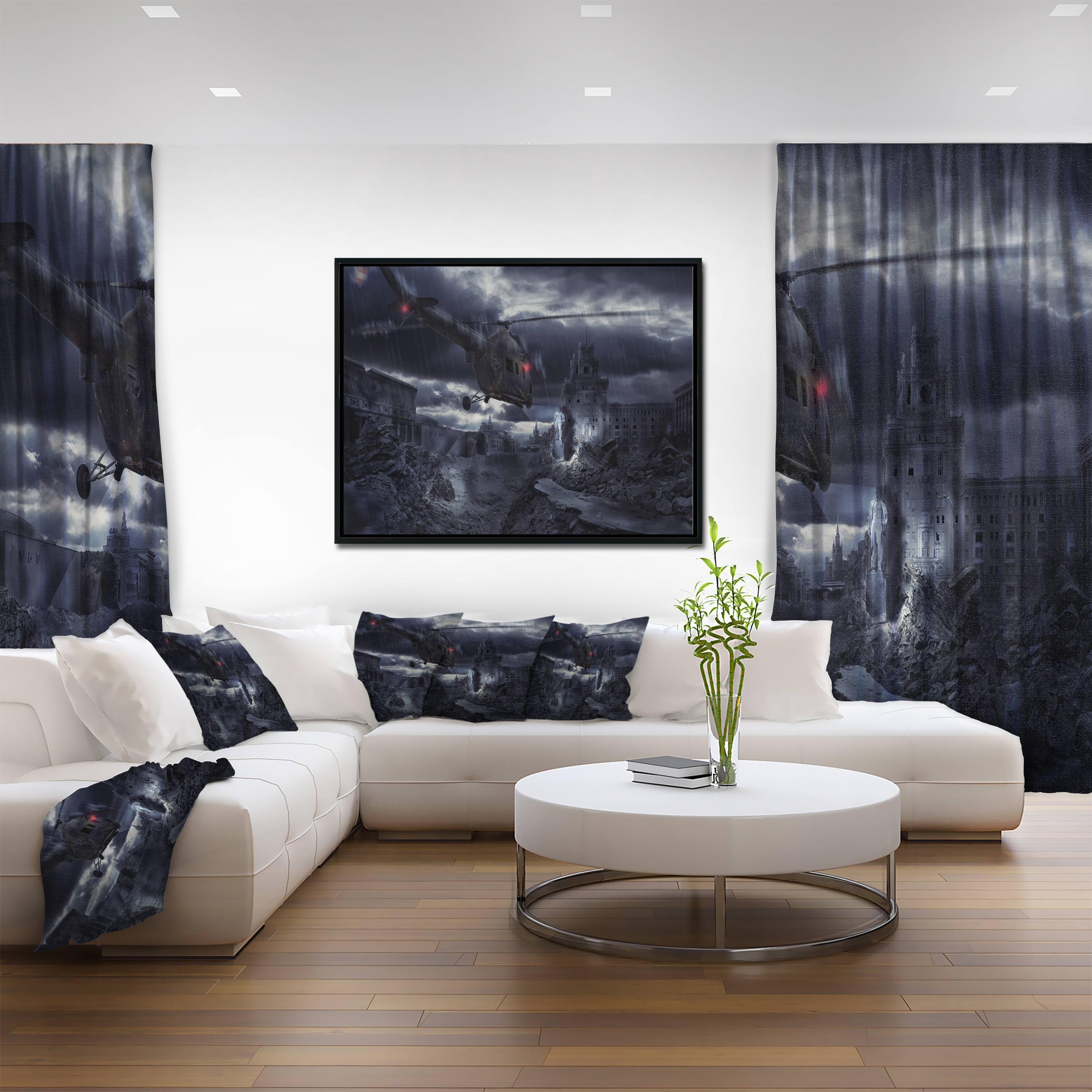 Designart "Helicopter over Storm Ruined City" Photography Framed Canvas