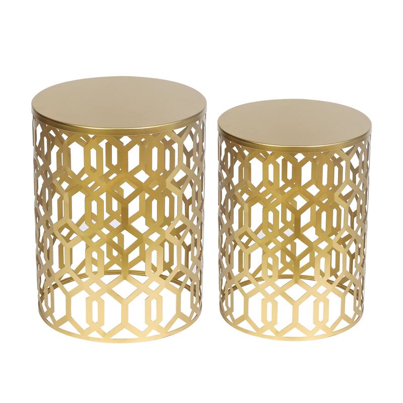 Adeco Set of 2 Round Metal Nesting Side End Tables Set - set of 2 - Gold-Geometric Patterns