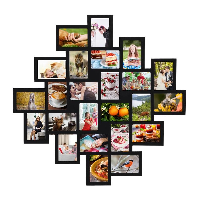 ADECO 24pcs Photo Frame Opening Black Wood Wall Hanging Collage Clustered