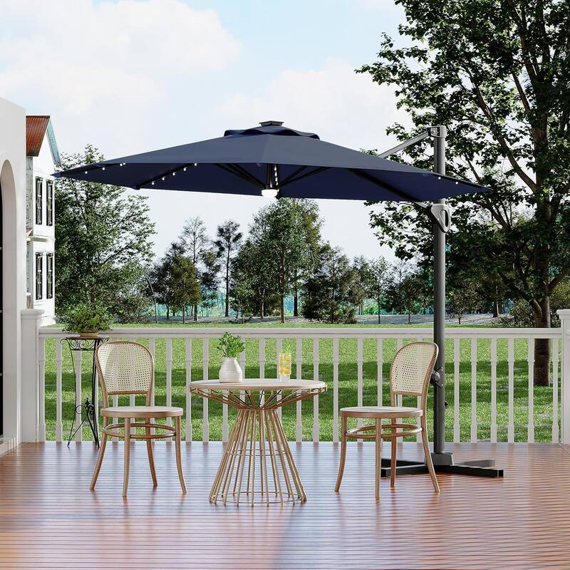 10FT Cantilever Patio Umbrella with Solar Lights, 360° Rotation Offset Umbrella