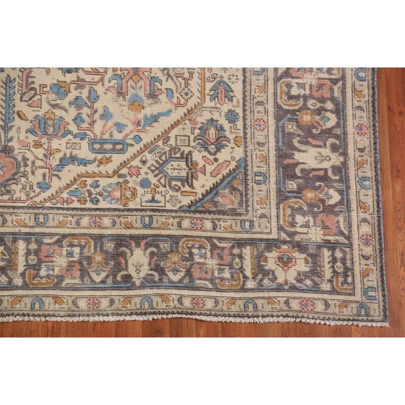 Geometric Tabriz Persian Rug Handmade Beige Oriental Wool Carpet - 8'4"x 11'0"