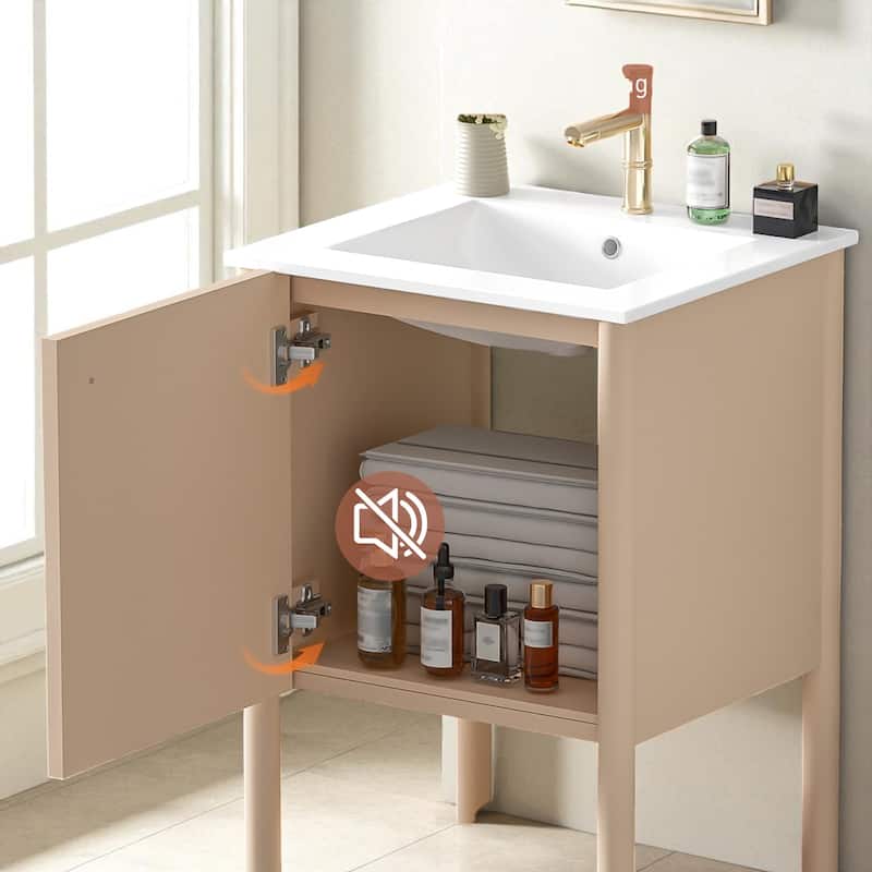 20 Inch Freestanding Bathroom Vanity with Ceramic Sink Soft Close Door Single Cabinet MDF Storage
