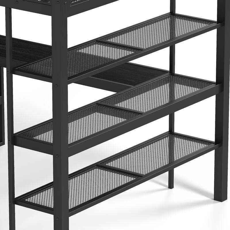Queen Size Loft Bed with Storage Shelves, Metal Loft Bed with Clothes Hanging Rod and Desk, No Box Spring Needed Design, Black