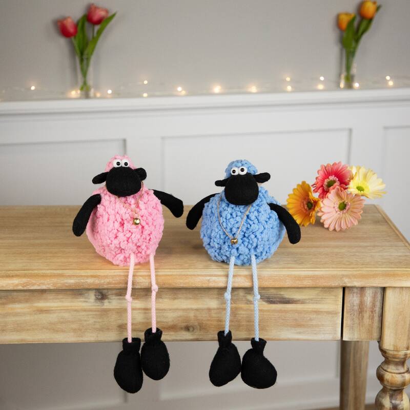 Boy and Girl Plush Lamb Sitting Easter Figures - 13" - Pink and Blue - Set of 2