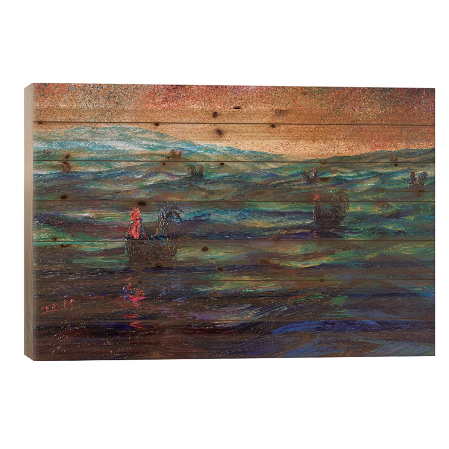 Black Roosters Print On Wood by Iris Scott - Multi-Color