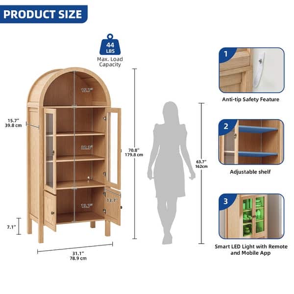 Moasis 71" Tall Arched Storage Display Cabinet with LED Light - Natural