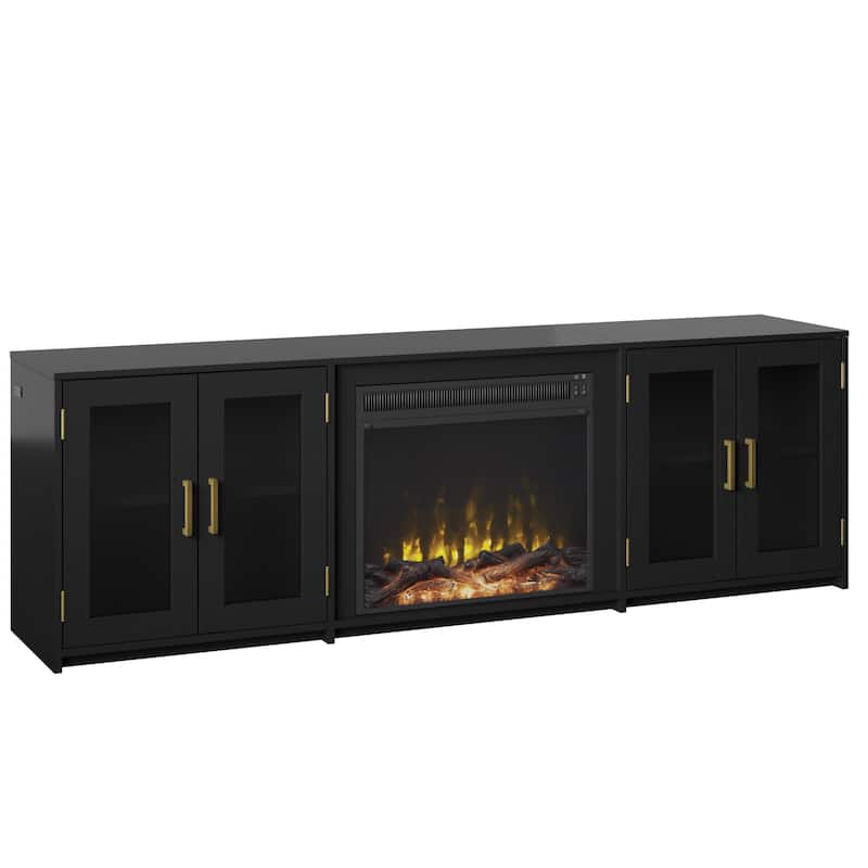 TV Stand for TVs up to 80" with Electric Fireplace and Glass Cabinet Doors