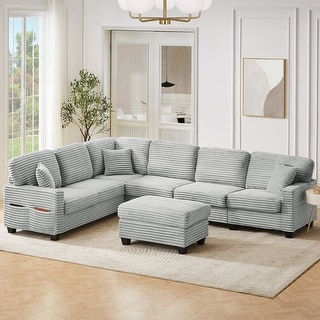 125.2" Modern Corduroy Upholstered U-shaped Sectional Sofa with Movable Ottoman and Side Storage Pockets