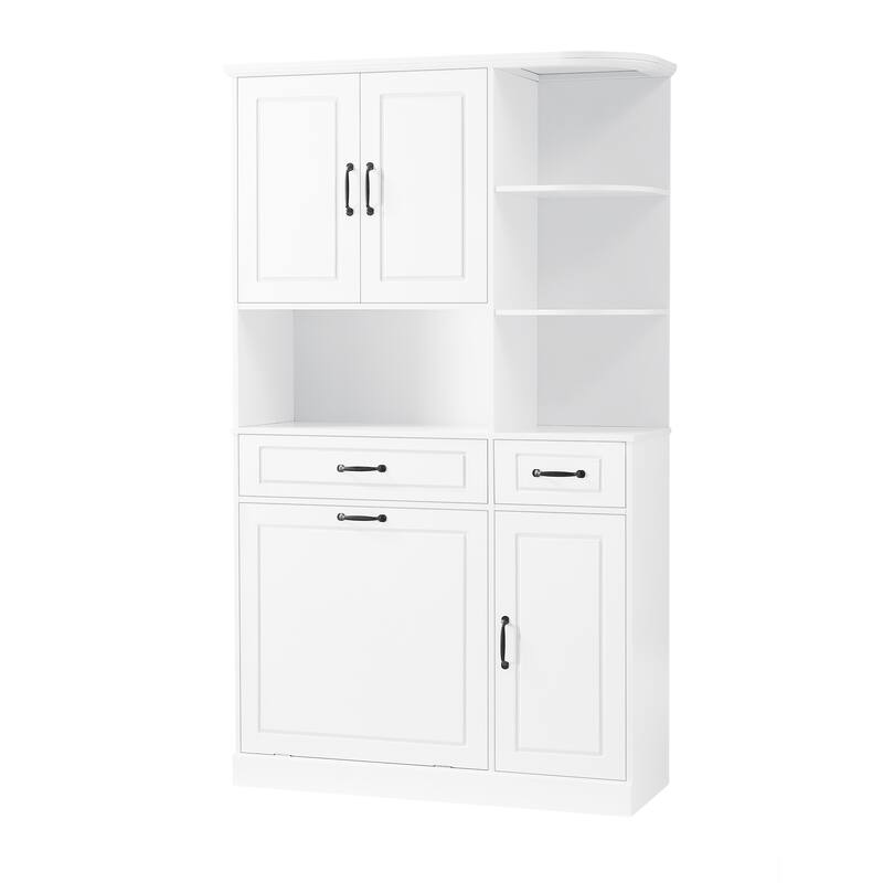 Roomfitters 70" Tall Storage Cabinet with Tilt-Out Hamper, 3 Drawers & Open Shelving, Modern MDF Linen Tower, White