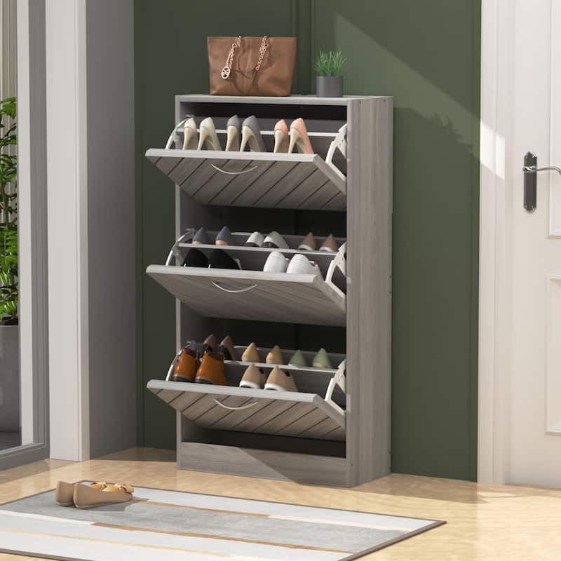 22.4" Shoe Storage Cabinet with 3 Flip Drawers Wood/ Grey by Kerrogee
