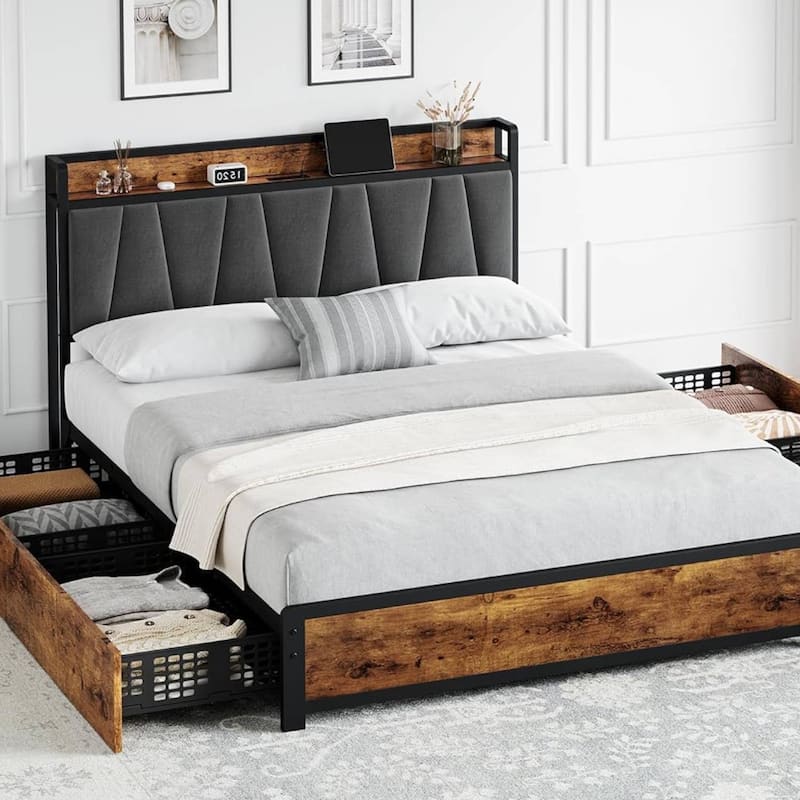 Bed Frame with Storage Linen Upholstered Headboard - Full