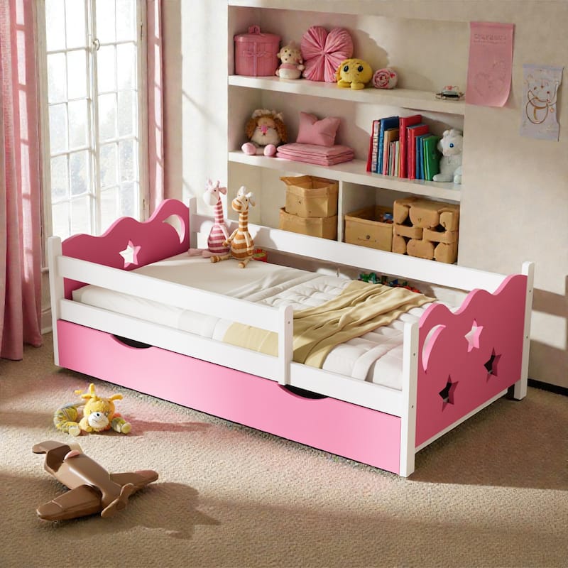 Twin Kids Bed Frame with Star and Moon Design, Bamboo and Wood Toddler Bed for Girls, 8 Slat Support, No Box Spring Needed - Pink White - Twin