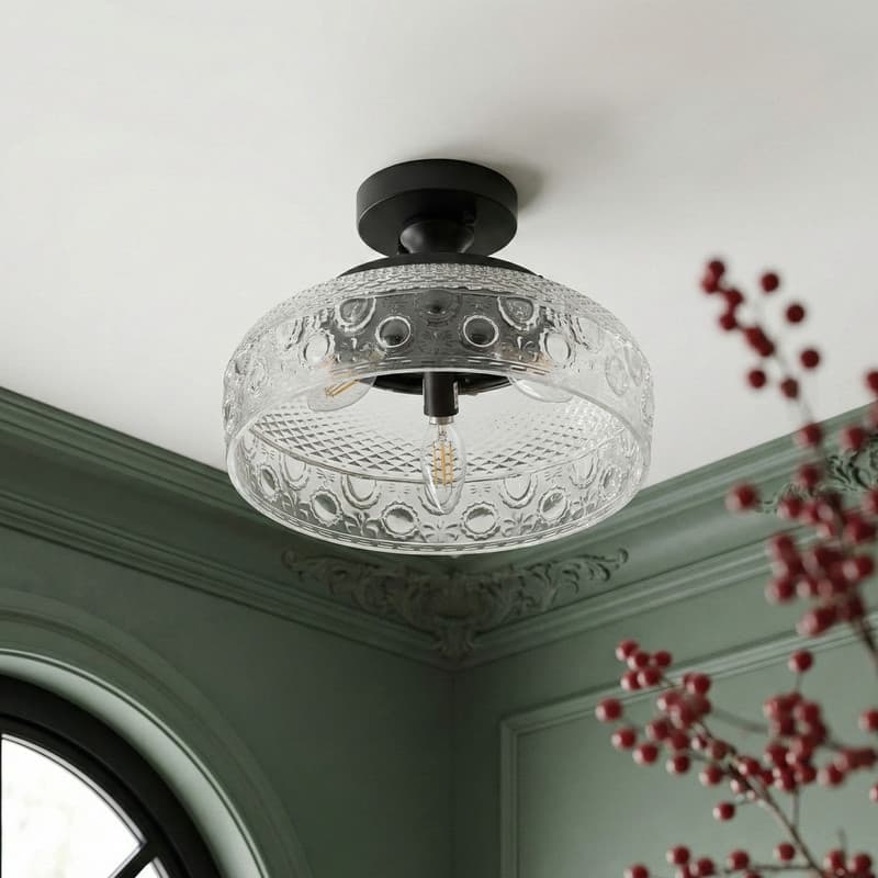 Modern Black Flush Mount Ceiling Light with Clear Glass Shade Iron Housing for Living Room Bedroom Hallway