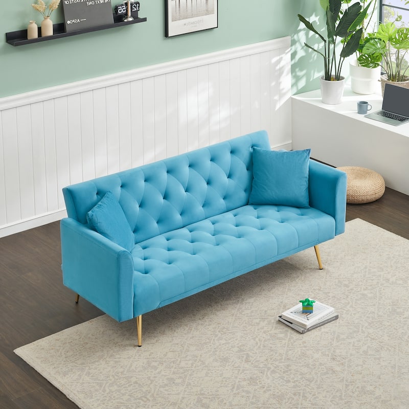 Velvet Loveseat Sofa Adjustable Backrest Sleeper Sofa Bed with 2 Pillow Upholstered Deep Seat Sofa, Tufted Couch