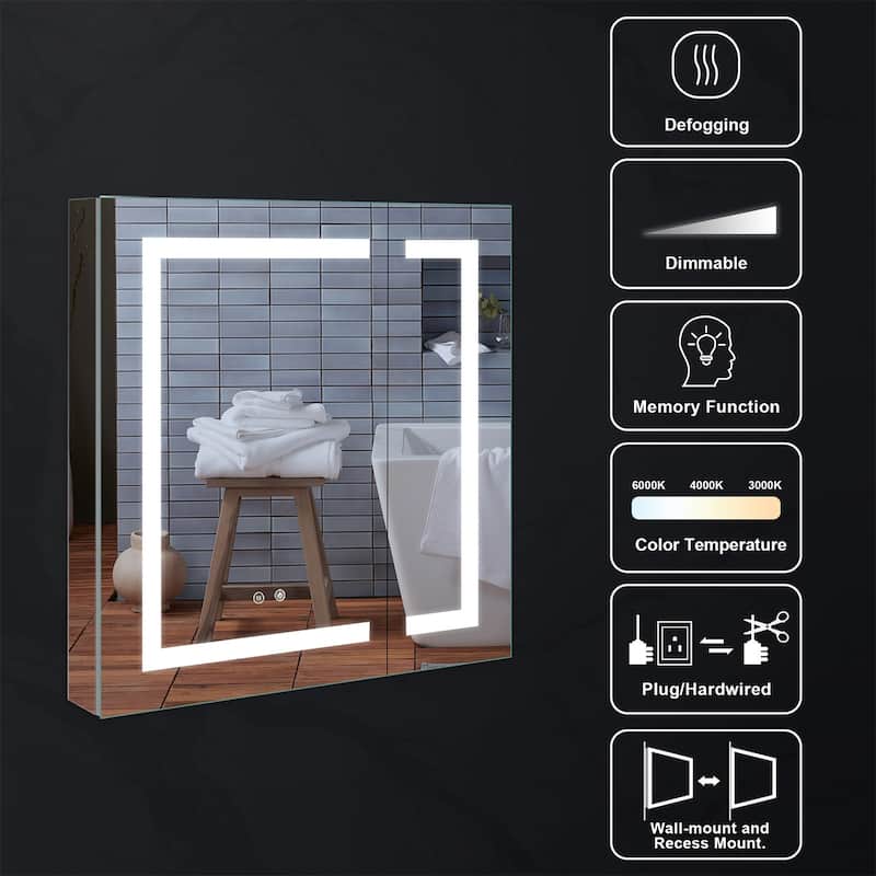 30" H Recessed or Surface LED Mirror Cabinet with Adjustable Glass Shelves,Defogger, Dimmer And Outlets & USB Ports