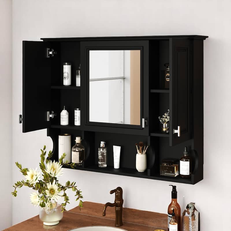 Modern 35" Bathroom Wall Cabinet with Mirror, Triple Doors, Adjustable Storage and Open Display Shelves
