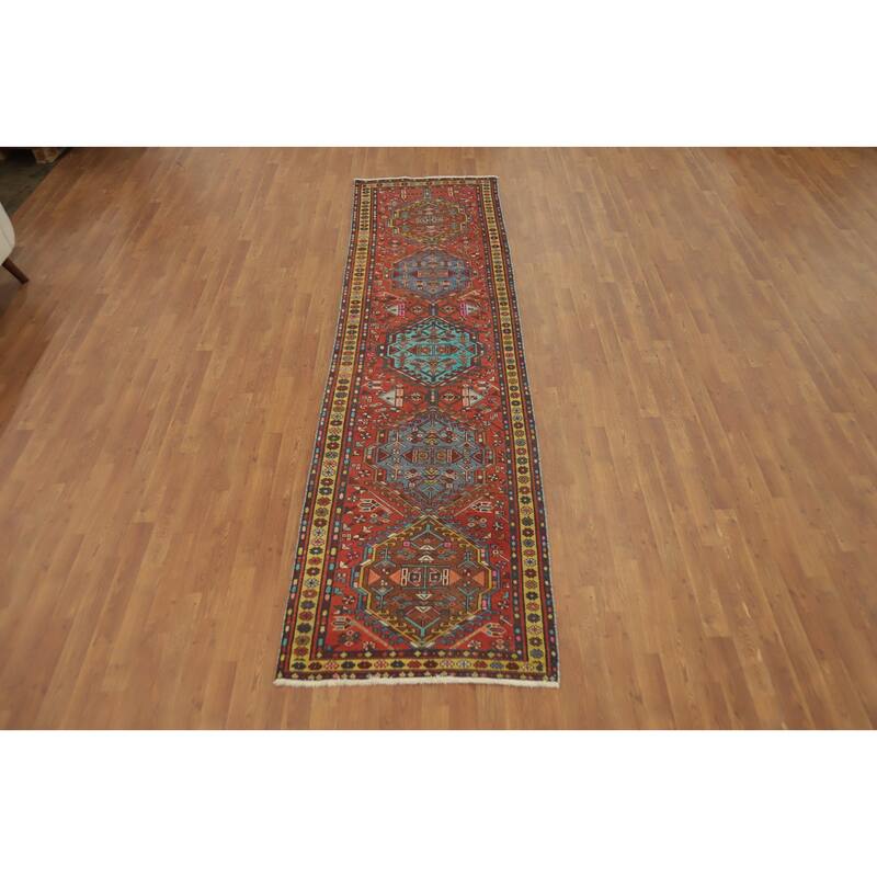 Hand Knotted Oriental 100% Wool Carpet Traditional Geometric Oranges & Rust Ardebil Runner Rug - 10' 11'' X 2' 11''
