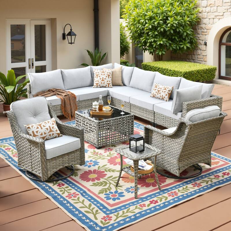 HOOOWOOO 10-piece Wicker Patio Furniture Set Sectional Sofa with Swivel Chair - Grey