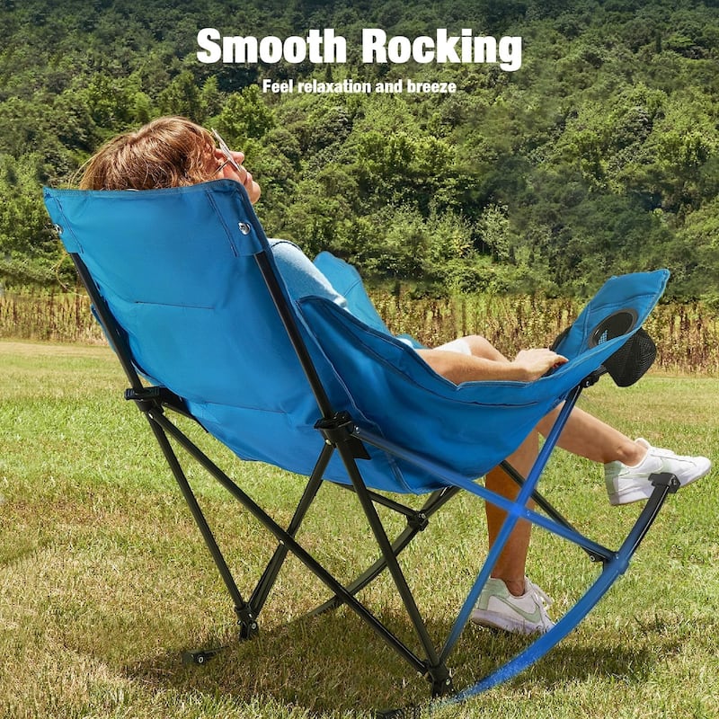 BOSSIN Heavy-Duty Oversized Rocking Camp Chair, Portable Folding w/Cup Holder, Cooler & Pocket for Camping, Beach, Backyard
