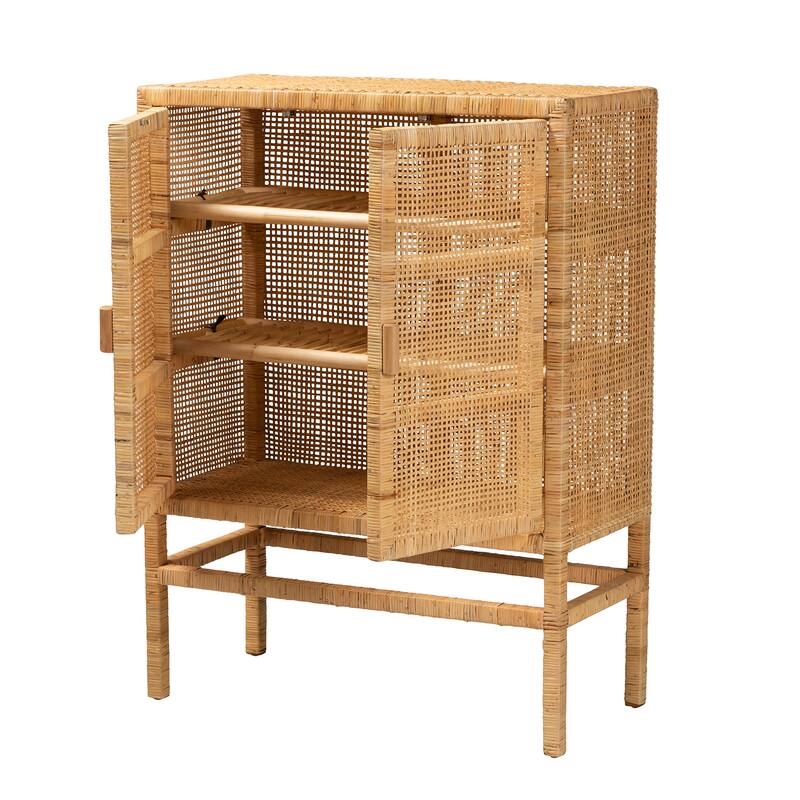 Vivan Modern Bohemian Natural Brown Rattan and Mahogany Wood 3-Shelf Storage Cabinet