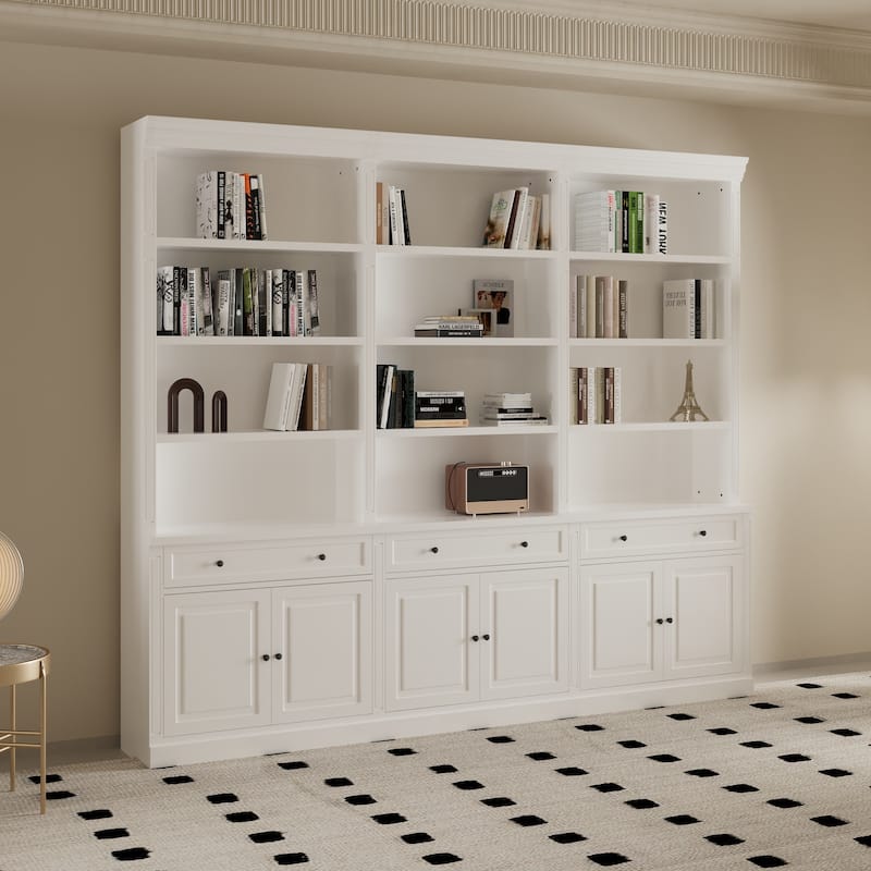 102.4" Large 6-Door Bookshelf w/Drawers Solid Pine Top Display Bookcase Bronze Handles White Storage Cabinet