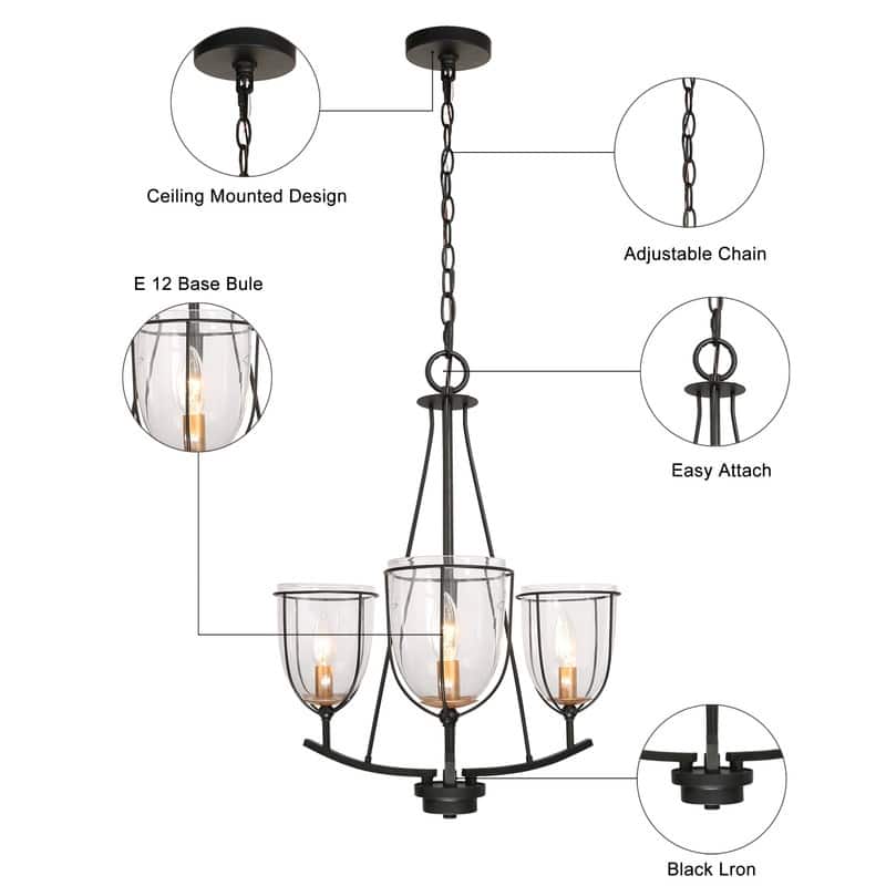 Modern Farmhouse 3-Light Glass Chandelier Black Metal Frame Entryway Hanging Lights - D19" x H82"