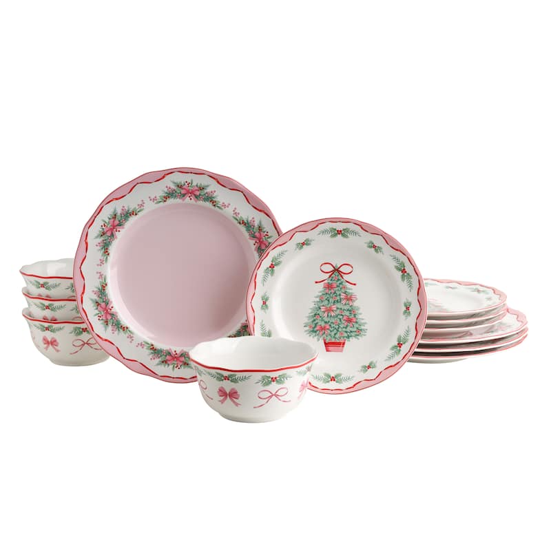222 Fifth Pinkmas 12-Piece Porcelain Dinnerware Set for 4, White/Pink Christmas Ceramic Dishes - Service for 4 - 12 Piece - Pink/Green/White