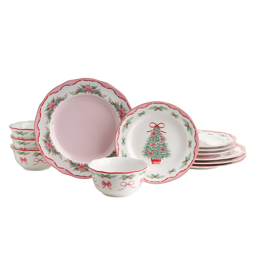 222 Fifth Pinkmas 12-Piece Porcelain Dinnerware Set for 4, White/Pink Christmas Ceramic Dishes