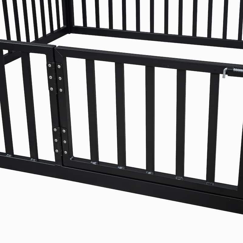 Twin Size House Design Platform Bed, Metal Floor Bed Frame with Fence, Door and Roof for Children, Boys and Girls