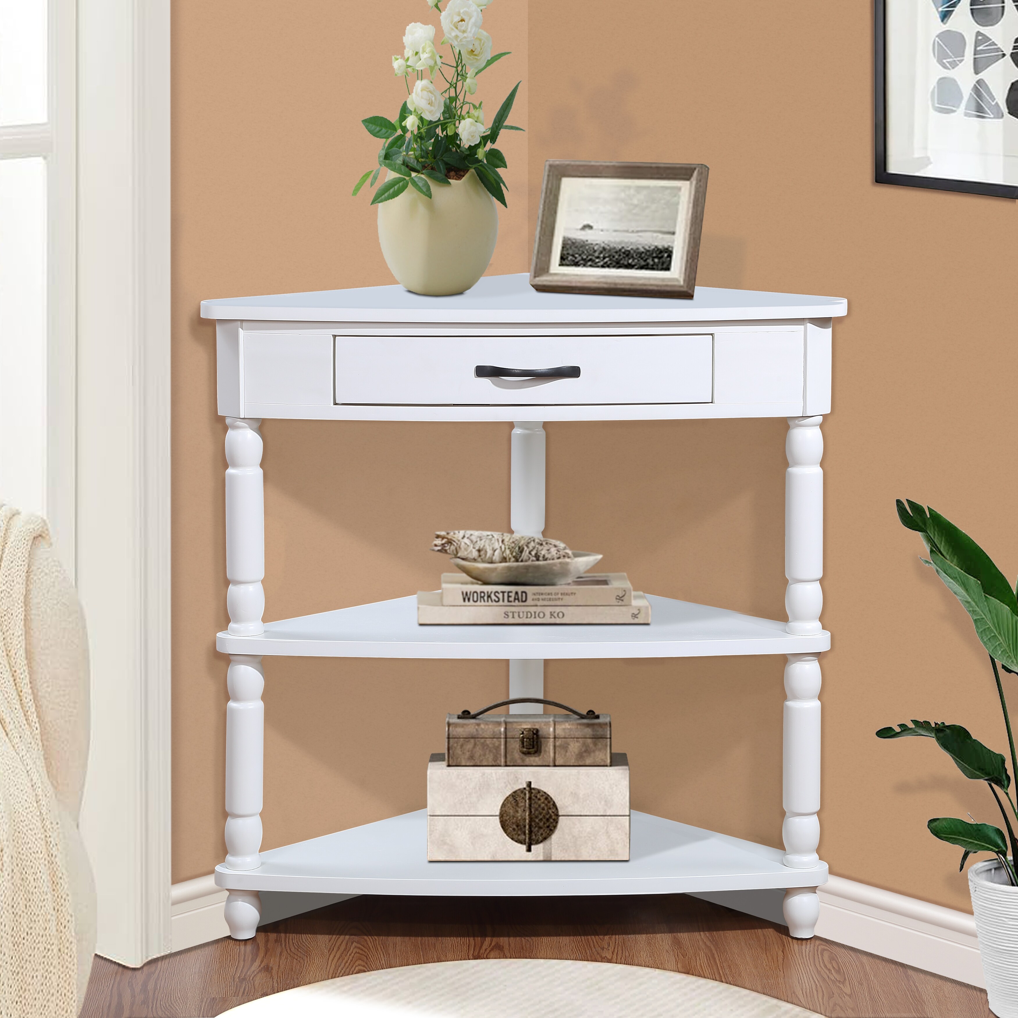 Rossetta 3 Tier Wood Triangle Corner Table, Easy Assemble