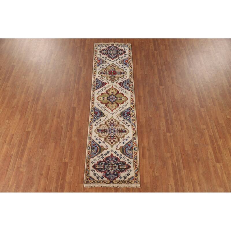 Geometric Beige Kazak Runner Rug Handmade Hallway Wool Carpet - 2'7" x 10'0"