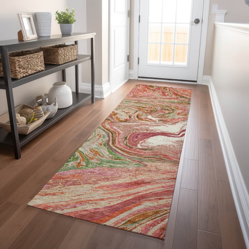 Machine Washable Indoor/ Outdoor Abstract Brushstroke Chantille Rug - Coral - 2'3" x 7'6"