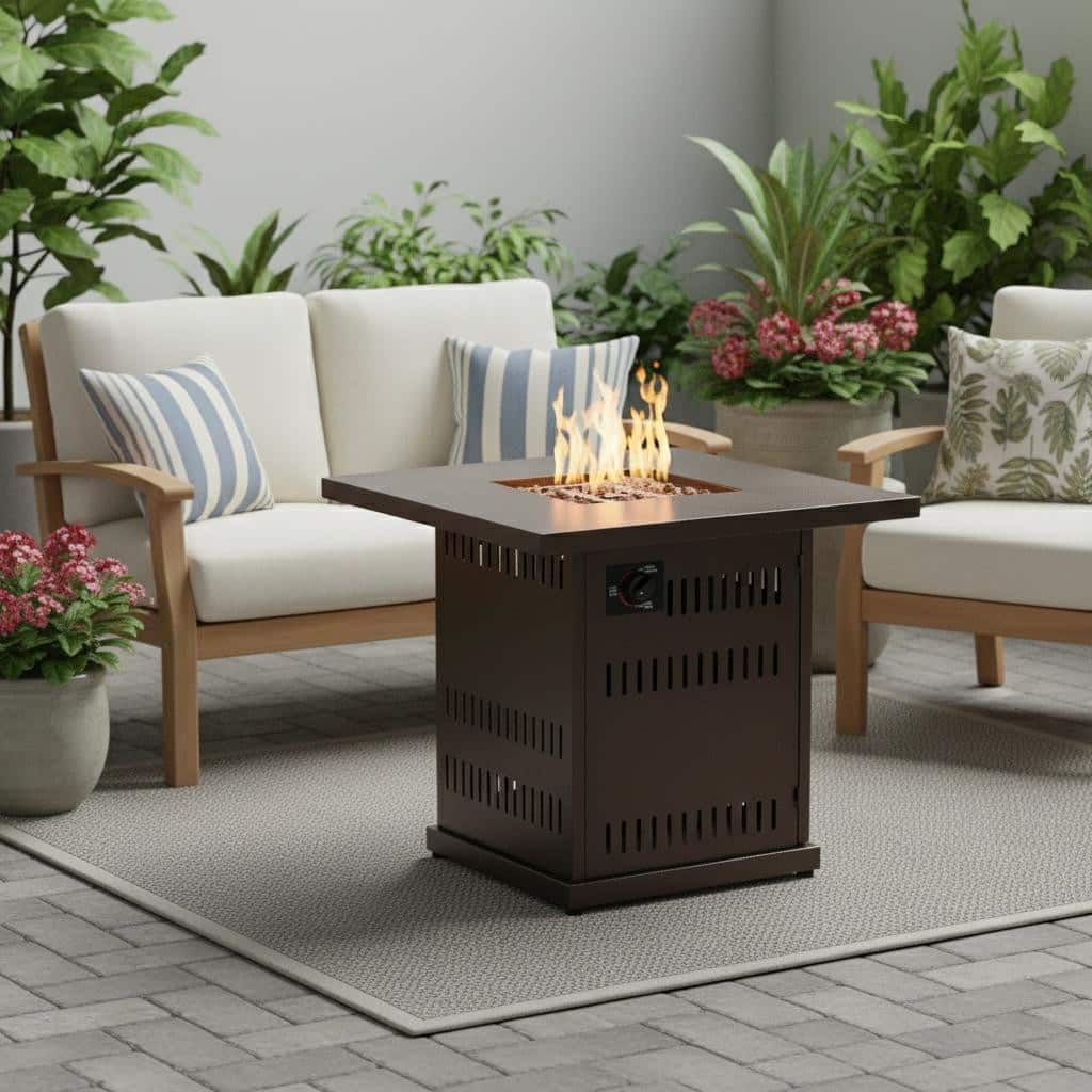 50000 BTU 27" Brown Steel Propane Square Fire Pit Table With Cover