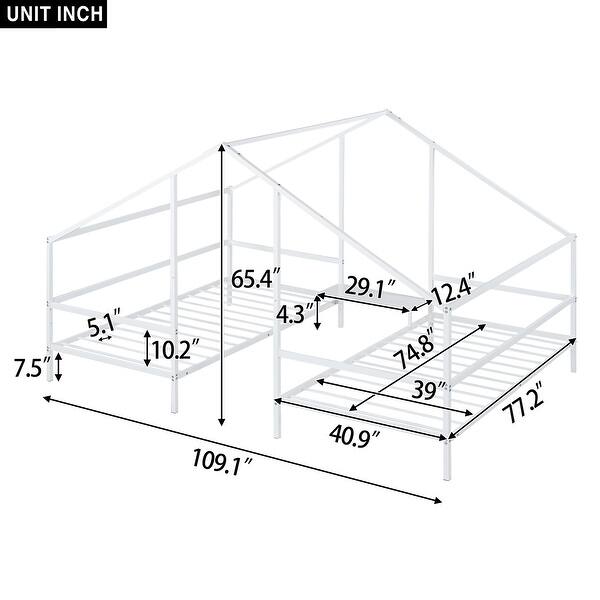 dimension image slide 1 of 2, Metal Double Twin House Beds with Built-in Table, White