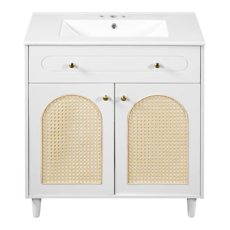 Woven Rattan Bathroom Vanity / Single Ceramic Sink Bathroom Cabinet