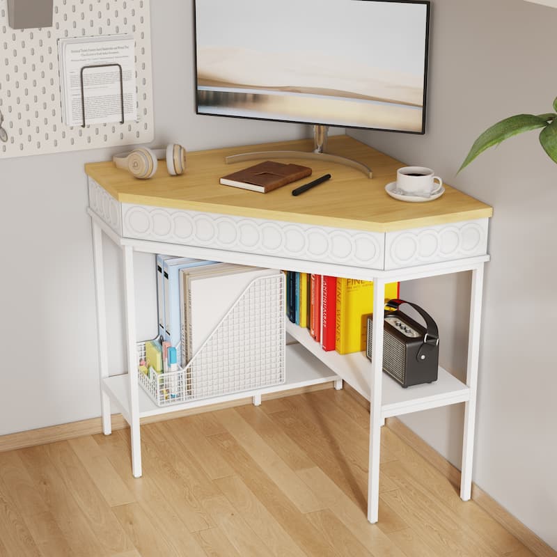 360° Rotating Corner Desk with Pull-Out Keyboard Tray – Small Space L-Shaped Computer Desk White & Oak