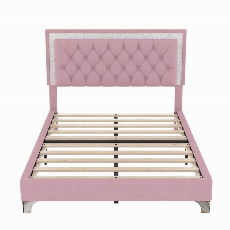 Full Size Upholstered Bed Frame with LED Lights,Modern Velvet Platform Bed with Tufted Headboard