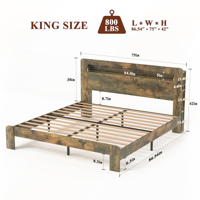Wood Platform Bed Frame with Storage LED Light Headboard and 2 USB