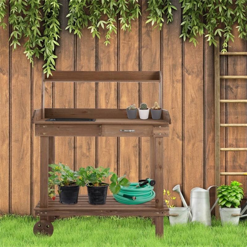 Brown Outdoor Wooden Potting Table with Storage Drawer Removable Sink and Movable Wheels - 36.25" L x 17.75" W x 46.75" H