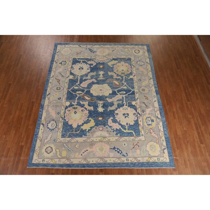 Hand Knotted Oriental 100% Wool Carpet Transitional All-Over Navy Blue & Blues Oushak Area Rug - 11' 2'' X 8' 11''