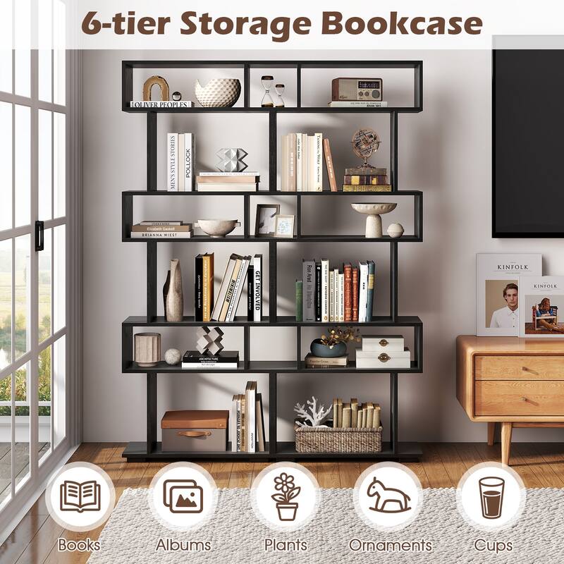 Engineered Wood 6-Tier S-Shaped Bookshelf with Anti-Tip Kits - 24" L x 8" W x 64" H