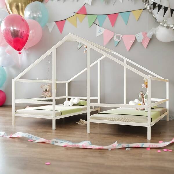 slide 2 of 18, Metal Double Twin House Beds with Built-in Table, White