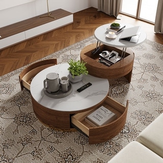 Lift-top Modern Nesting Coffee Table Set Of 2, White Sintered Stone Coffee Table Set