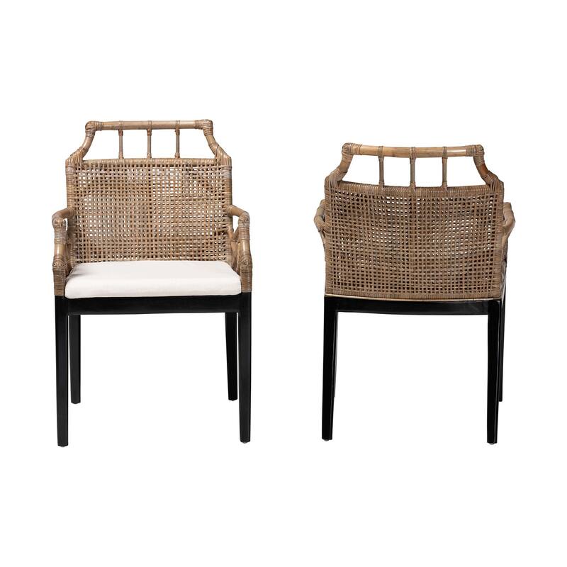 Abiel Natural Rattan Dining Armchair with Cushion - Handwoven Wicker Chair with Mahogany Wood Frame, Coastal Boho Seating