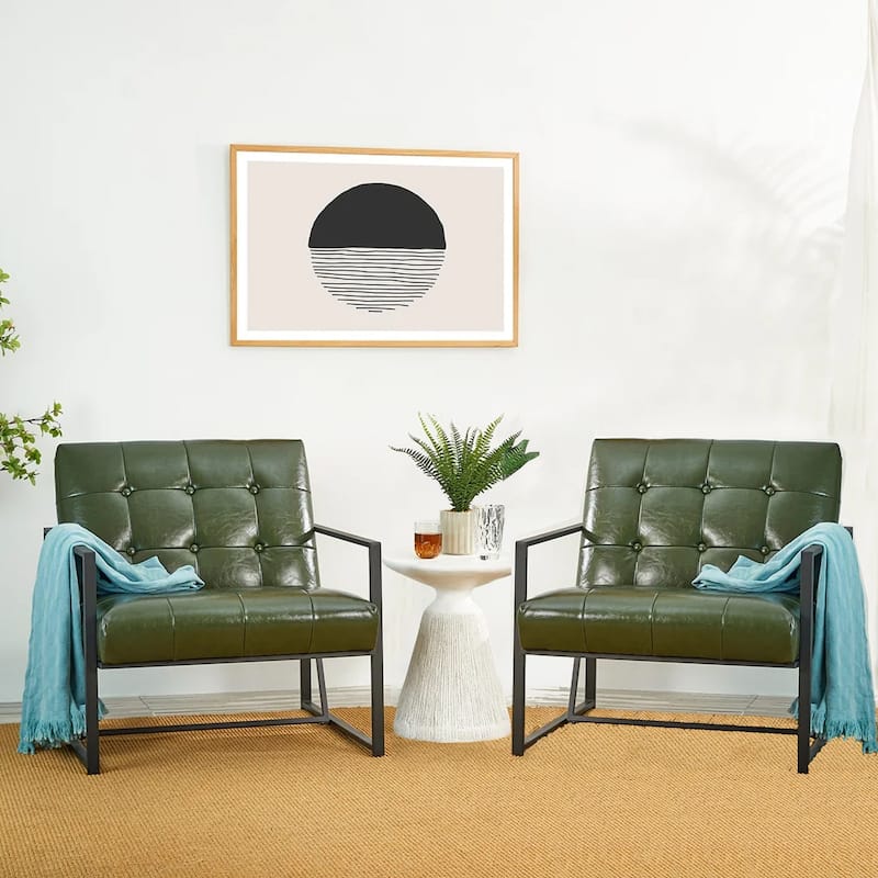 Glitzhome Set of 2 29.25"W Mid-Century PU Leather Tufted Accent Chairs