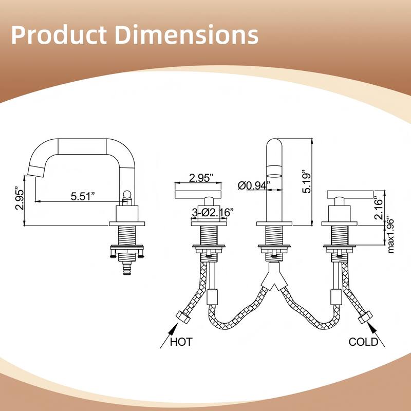 Modland Widespread 3-Hole Bathroom Faucet, 500K Cycle Ceramic Cartridge, 360 Swivel Spout & CEC Certified (Black/Gold/Nickel)